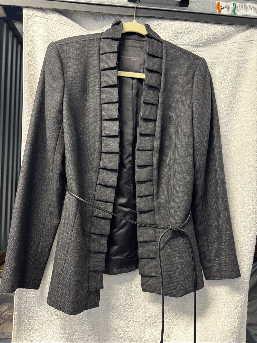 Classiques Entier Charcoal Ruffle-Trim Belted Blazer